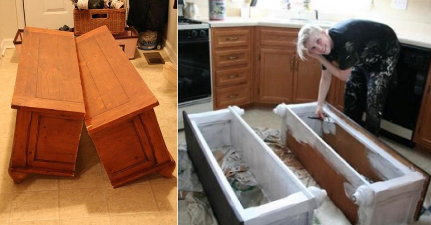 Sie verwandelt einen alten Tisch in zwei praktische Dielenbänke