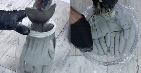 Hände aus Zement mit Hilfe von einfachen Gummihandschuhen