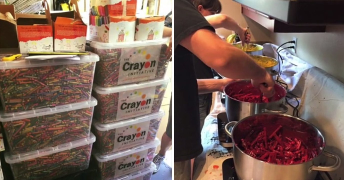 Er nimmt alte Wachsmalstifte und macht daraus etwas Großartiges