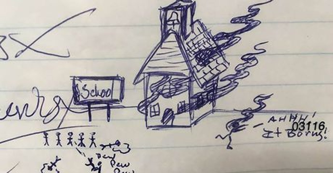 Lehrer entdecken diese Zeichnung im Schulheft eines kleinen Jungen und rufen sofort die Polizei