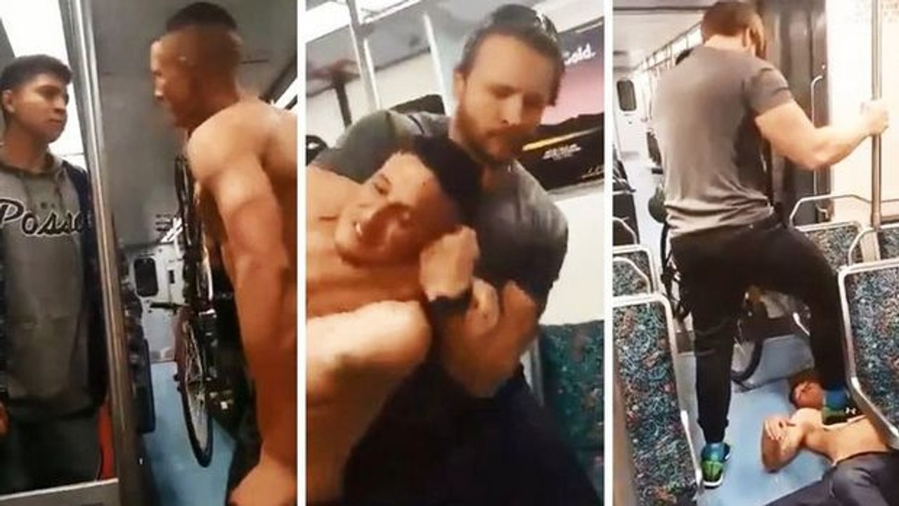 Ein gefährlicher Mann wird in der Metro mit einem Würgegriff außer Gefecht gesetzt