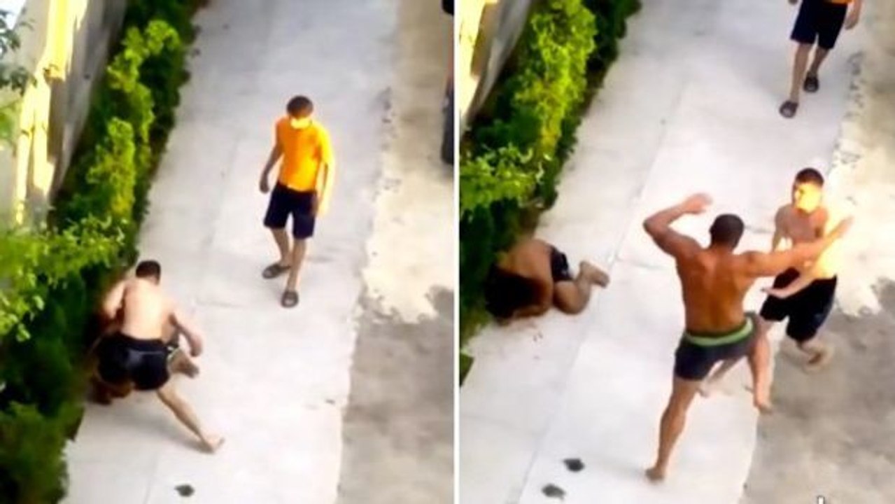 Ein großer Muskelprotz beendet einen Straßenkampf in der Ukraine