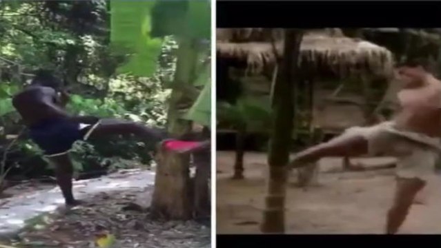 Patrice Quarteron tritt gegen einen Bananenbaum wie Jean-Claude Van Damme im Karate Tiger 3 - Der Kickboxer