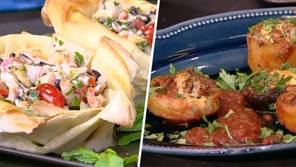 Tchich Au calamar, Salade Fruit de mer, Couscous Royal,Tajin El warka, Fraisier - Couzinetna hakka