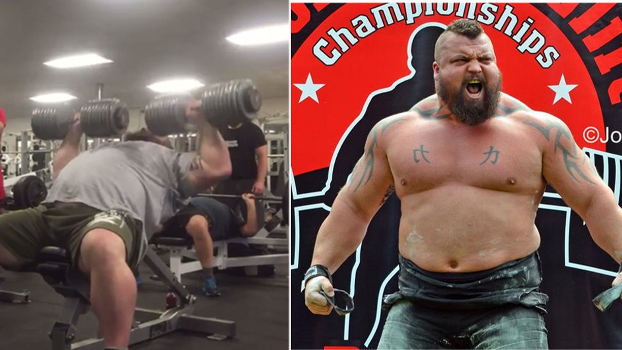 Eddie Hall, der englische Strongman, macht Bankdrücken mit 90-Kilo-Hanteln