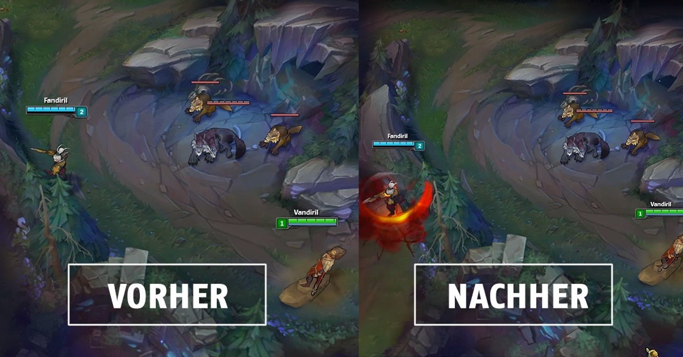 League of Legends: Riven kann sich per Q locker zwischen den Mauern bewegen