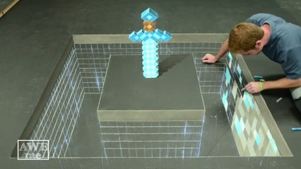 Minecraft : une épée en diamant dessinée à la craie en 3D