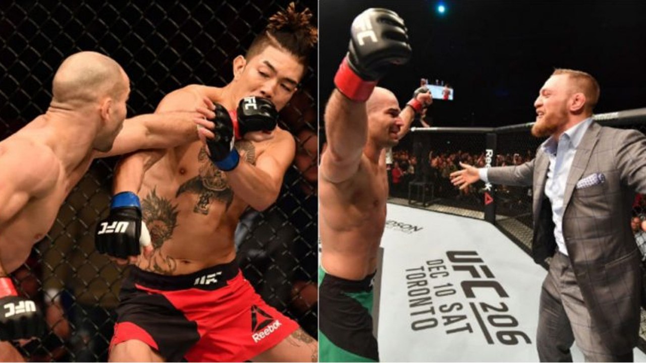 Conor McGregor freut sich mit seinem Trainingspartner Artem Lobov nach dessen Sieg gegen Teruto Ishihara