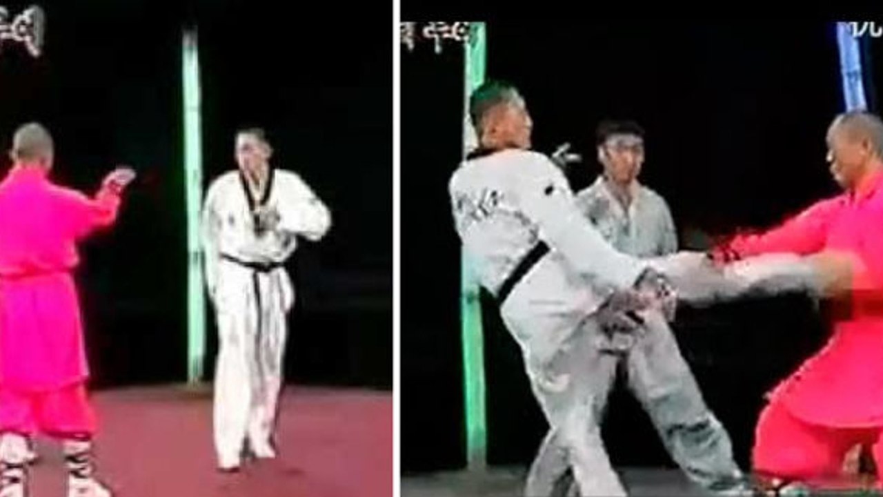 Kampf zwischen einem Taekwondo-Meister und einem Shaolin-Mönch