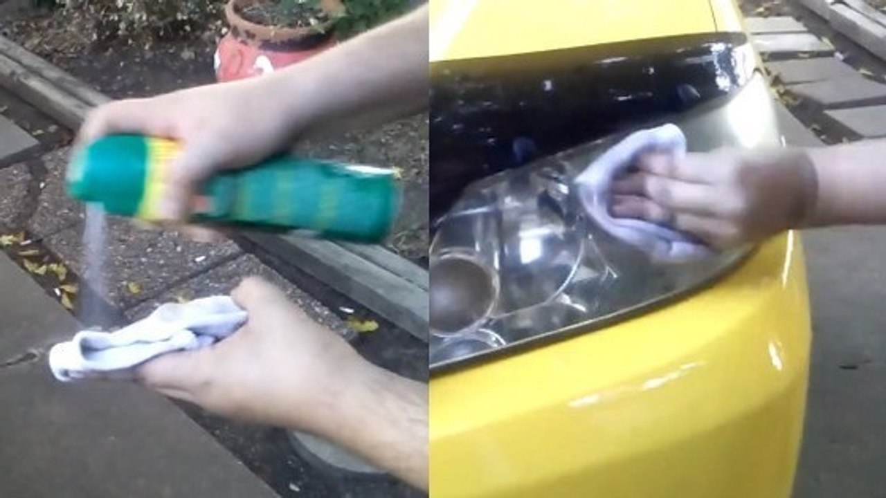 Autoscheinwerfer mit Mückenspray reinigen