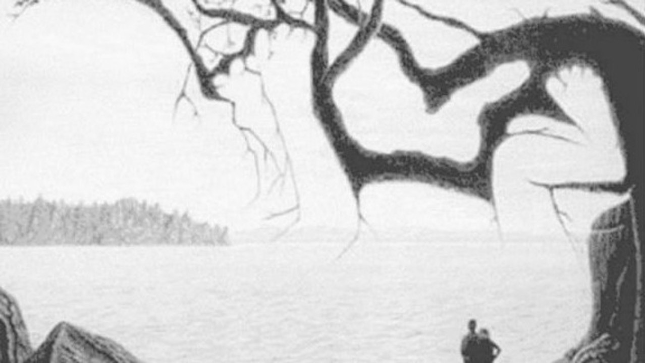 Sur cette image en noir et blanc, un bébé se cache dans les branches de l'arbre