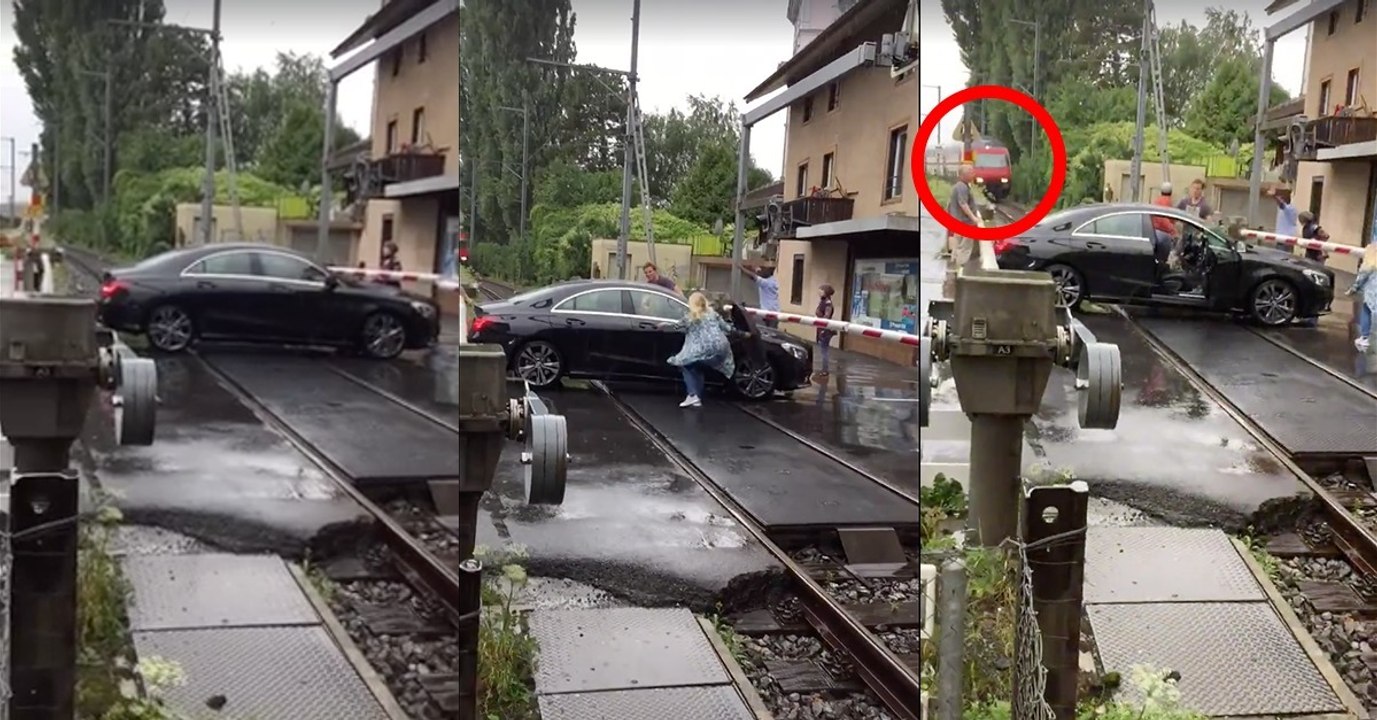 Schweiz: Auto eingeklemmt zwischen Schranken, Passanten flippen aus und der Zug rollt an!