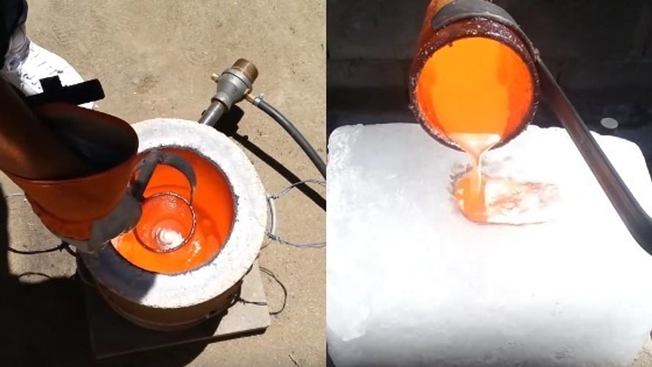 Er gießt geschmolzenes Kupfer auf einen Eisblock. Dann geht das Experiment nach hinten los