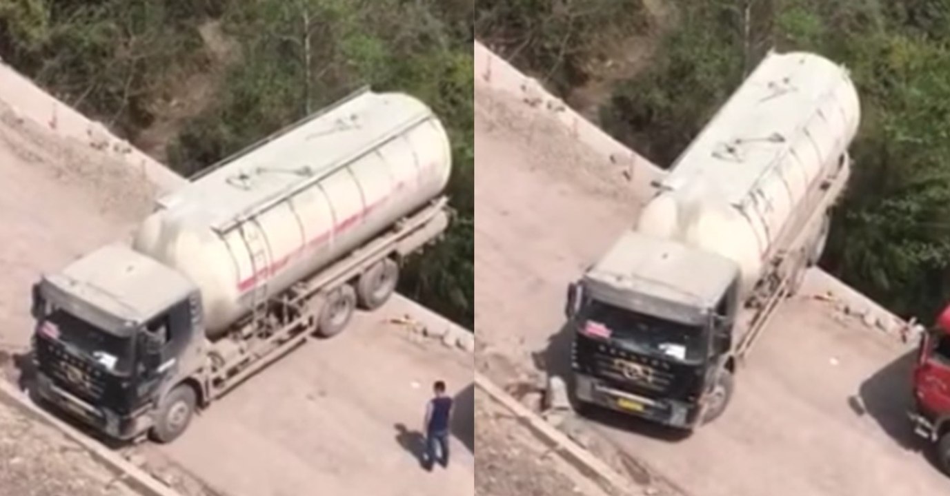 Extremes Wendemanöver: Truck wendet direkt am Abgrund