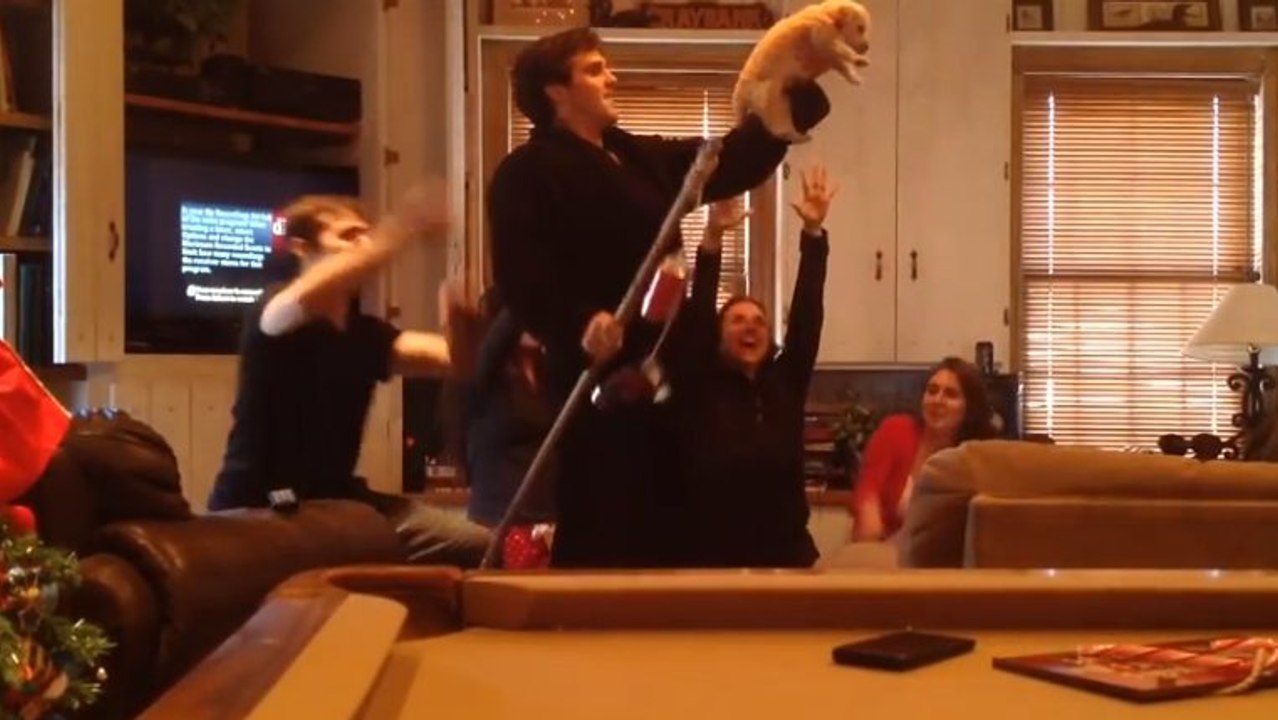 Une famille rejoue une scène du Roi Lion avec un chiot