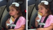 Cette petite fille est face à un choix difficile : dormir ou manger sa glace. Que va t-elle faire ?