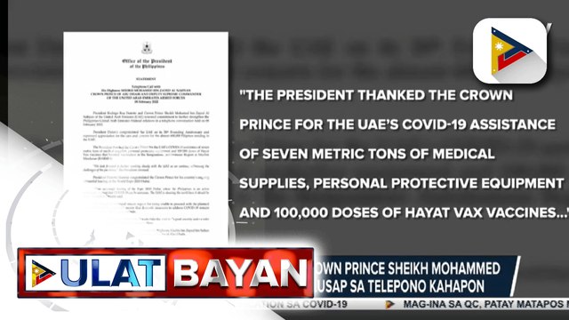 Pres. Duterte at Abu Dhabi Crown Prince Sheikh Mohammed Bin Zayed Al Nahyan, nagkausap sa telepono kahapon