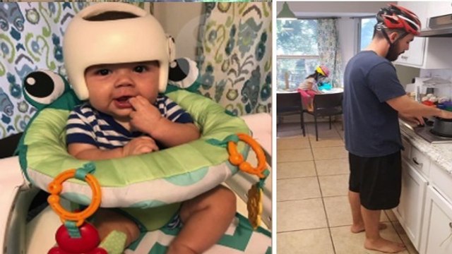 Tous les membres de cette famille portent un casque à l'intérieur de leur maison pour lutter contre la plagiocéphalie