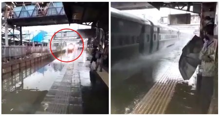Ce conducteur de train sans-gêne accélère dans la gare inondée et trempe les usagers
