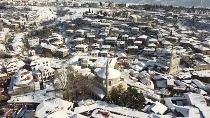Safranbolu'nun karla kaplı tarihi mekanlarına kuş bakışı