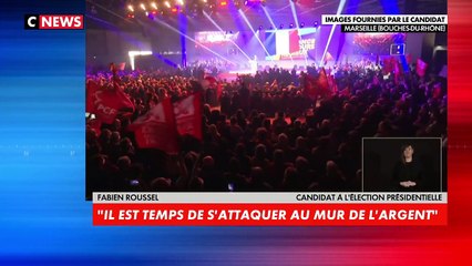 Fabien Roussel, le candidat communiste e meeting à Marseille annonce vouloir "rétablir et tripler l'impôt sur la fortune et augmenter les salaires à 1.500 euros net"