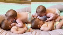 'Mom films her adorable newborn twin boys showing each other brotherly love '