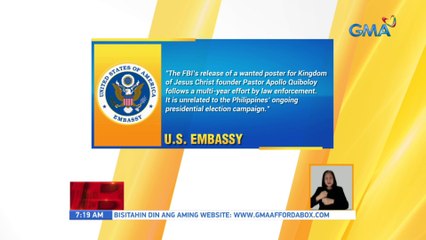 Pahayag ng US Embassy hinggil sa 'wanted poster' ni Pastor Apollo Quiboloy | UB