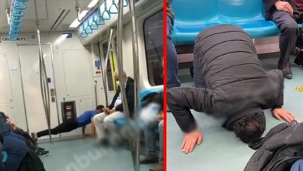 Marmaray'da peş peşe anlam verilemeyen görüntüler! Biri şınav çekti, diğeri yere kapandı