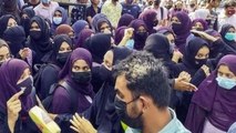 Pro-hijab protests outside Karnataka Bhawan in Delhi