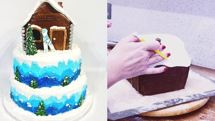 'TIMELAPSE: Cake artist prepares a CHILLING, three-tiered 'Ski Lodge' cake '