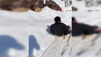 95 yaşındaki Saadet ninenin kızak keyfi kamerada