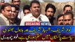 Federal Minister for Information Fawad Chaudhry addresses workers in Pind Dadan Khan