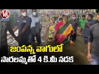 MLA Seethakka Walks Four Kilometors in Jampannavagu Along With Goddess Saralamma | V6 News