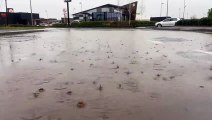 Heavy rain at Tees Bay Retail Park, Hartlepool as Storm Eunice looms