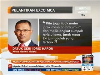 Melaka dijangka umum pelantikan EXCO MCA minggu depan