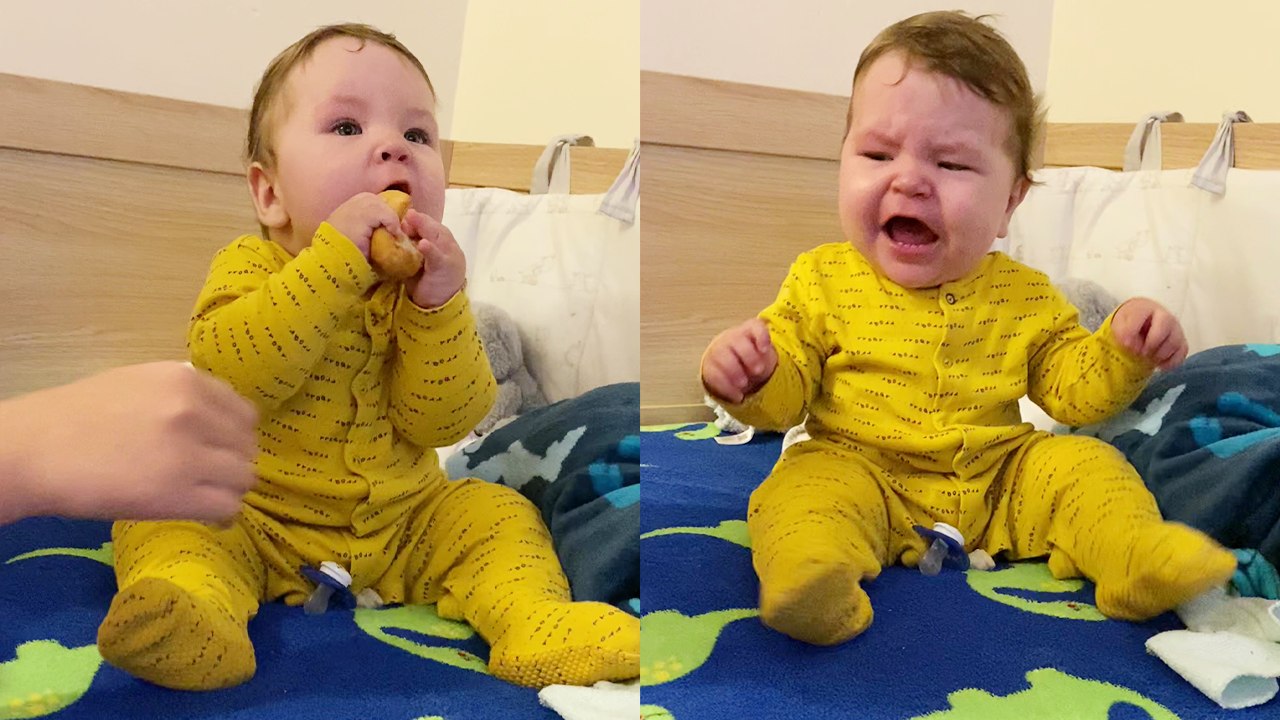 'Dramatic baby boy throws a tantrum after mom takes away his bread'