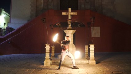 'Fire artist showcases his DARING side by performing with ALL SORTS of fire props '
