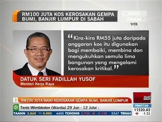 RM100 juta baiki kos kerosakan gempa bumi, banjir lumpur