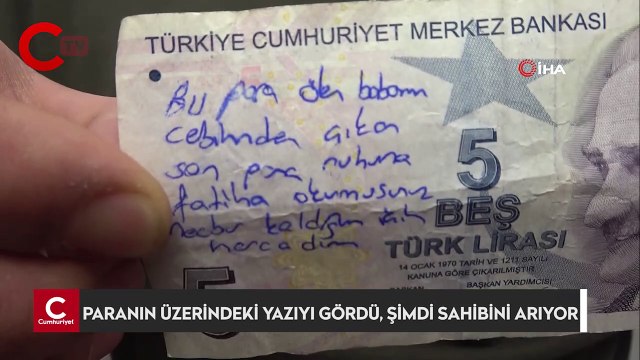 Paranın üzerindeki yazıyı gören esnaf, 5 liranın sahibini arıyor