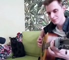 Duo parfait entre un chat chanteur et son maitre guitariste