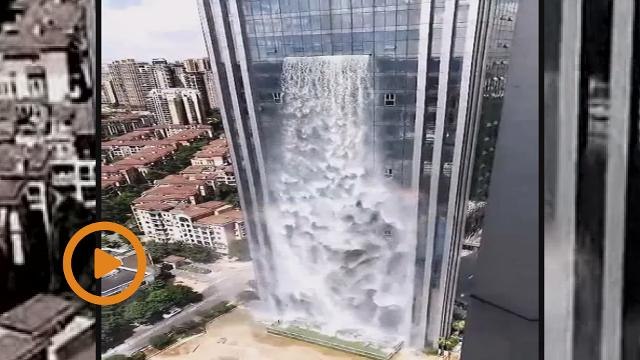 The world's highest man-made waterfall rushing down from a 121-metre-high hotel building