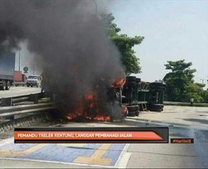 Pemandu treler rentung, langgar pembahagi jalan
