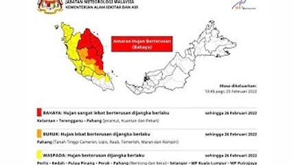 Continuous rain warning until Saturday (Feb 26) issued for most areas of peninsula except Melaka