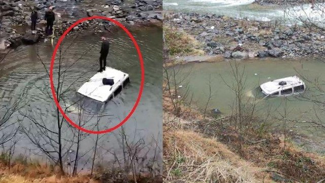 Dereye düştüğü aracının tavanında kurtarılmayı bekledi