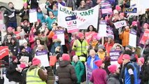 Leeds University staff protest on steps of Parkinson Building