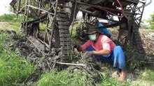Thai farmer loading pruning machine to a lorry