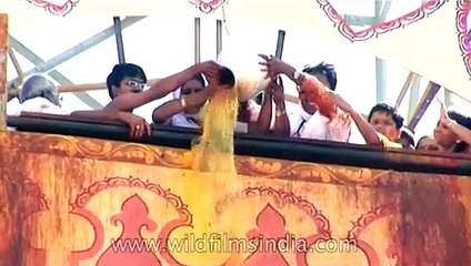 Lord Bahubali being anointed with turmeric water