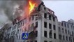 Kharkiv police building engulfed in flames after Russian missile strike