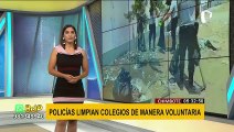 Chimbote: policías limpian exteriores de colegios ante inicio de clases presenciales