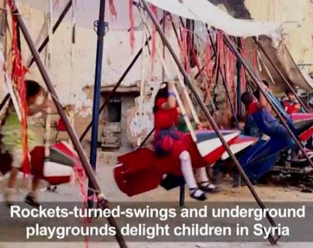Rockets-turned-swings and hidden playgrounds delight Syrian kids